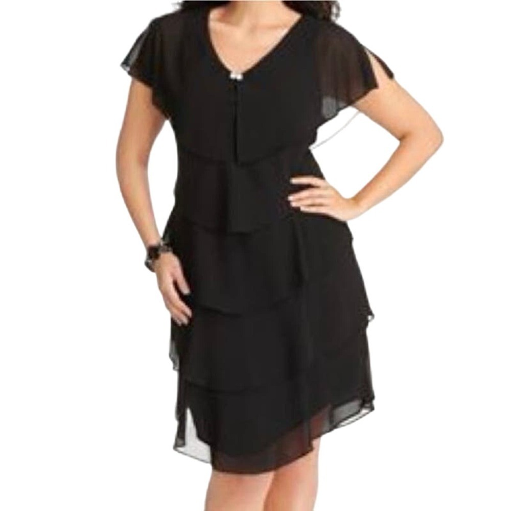 PATRA Tiered Black Chiffon Cocktail Dress Rhinestone Detail Dark Fairy 6 Petite